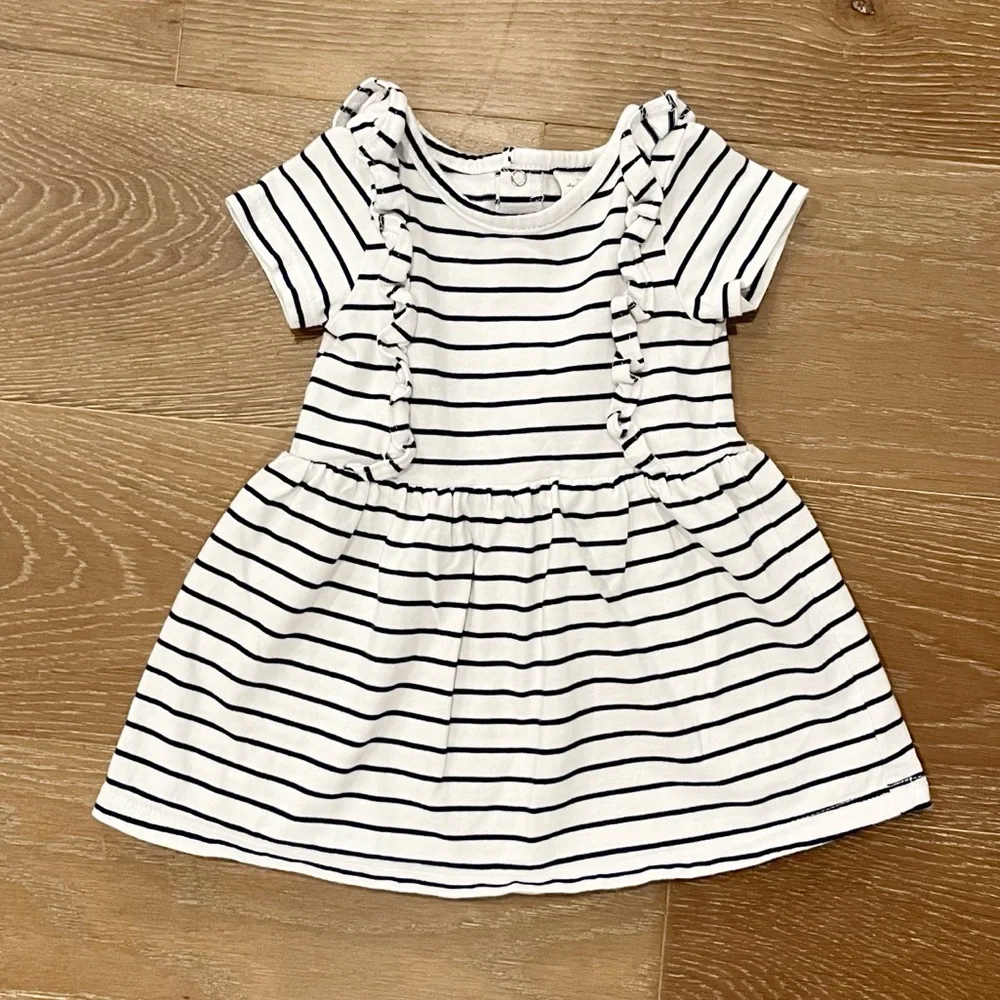 Starting Out Baby Girl White Blue Ruffled Stripped Dress Outfit Size 12 Months